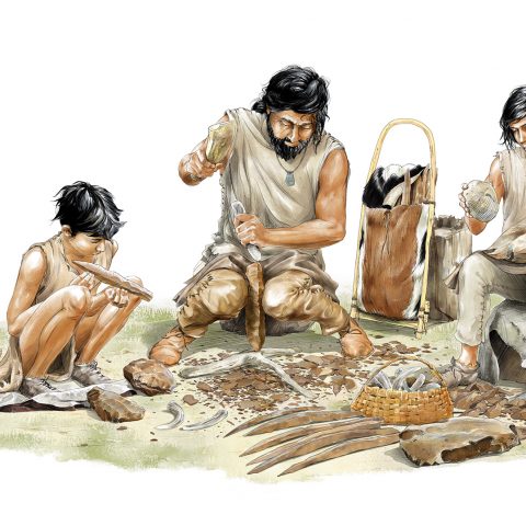 Un tailleur de silex du Grand-Pressigny et ses deux apprentis, vers 2 500 ans avant notre ère.