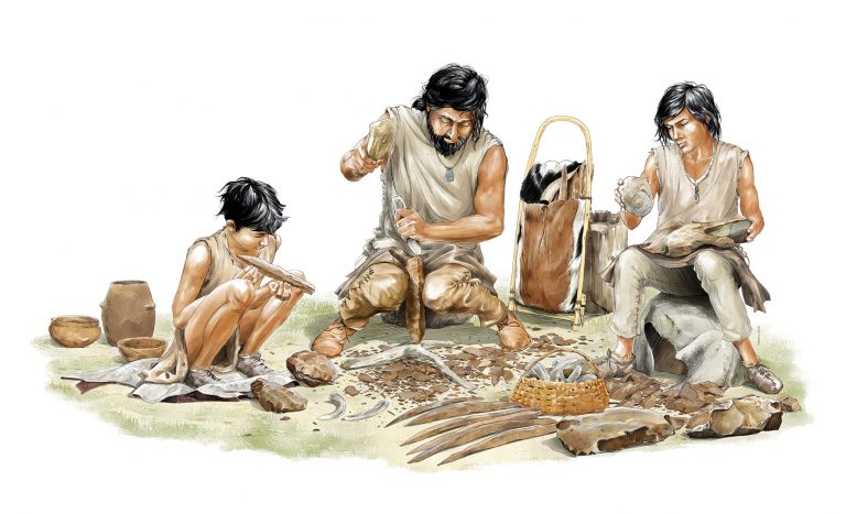 Un tailleur de silex du Grand-Pressigny et ses deux apprentis, vers 2 500 ans avant notre ère.